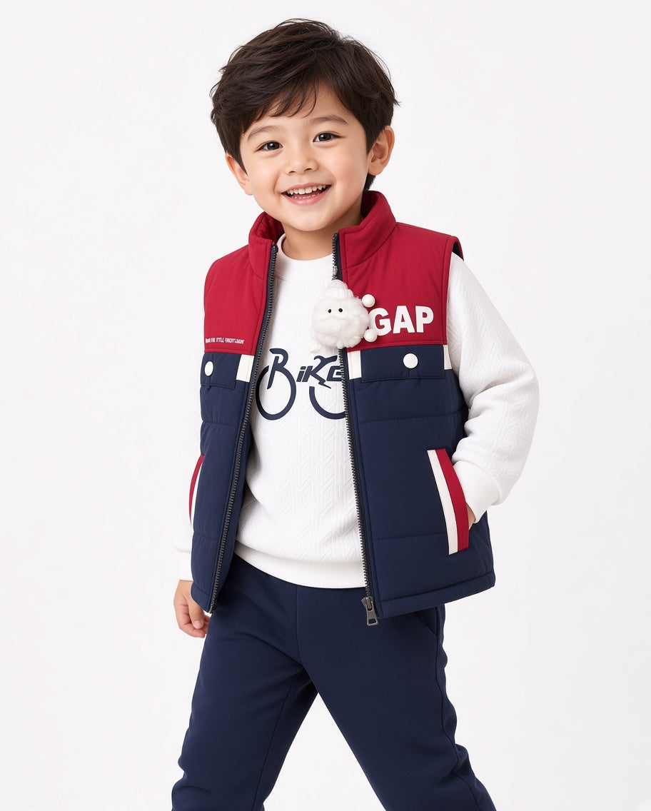 Kids Winter 3-Piece Sleeveless Puffer Vest Set With Bike Graphic Shirt And Joggers