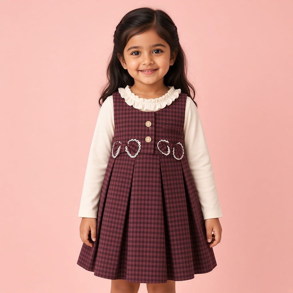 Girls Winter Checkered Pleated Frock Set With Cream Ruffled Collar Inner Shirt