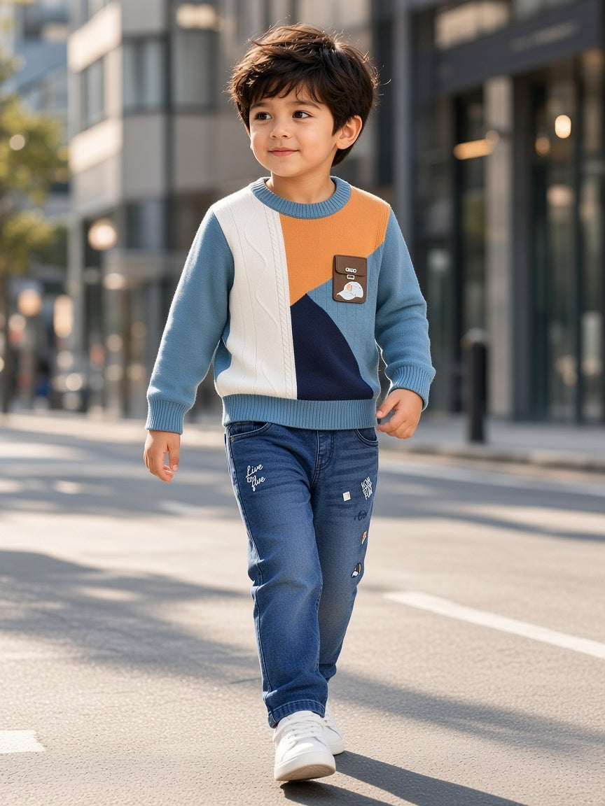Stylish Kids Two Piece Colorblock Knit Sweater And Embroidered Denim Set