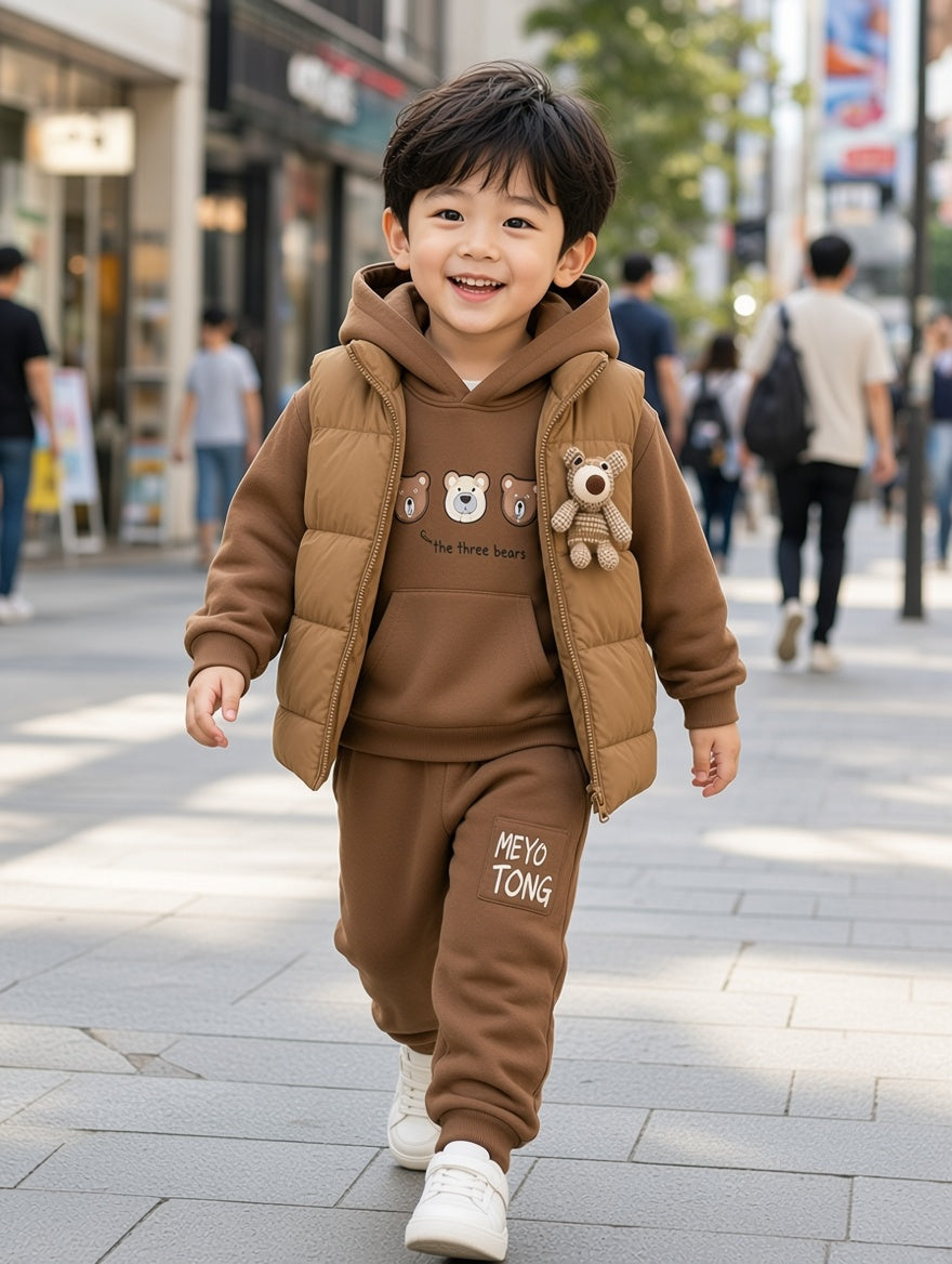 Kids Three Bears Graphic Hoodie And Puffer Vest 3-Piece Winter Outfit Set