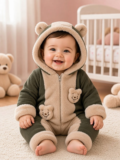 Baby Hooded Sherpa Panel Romper With Cute Bear Pockets And Zipper