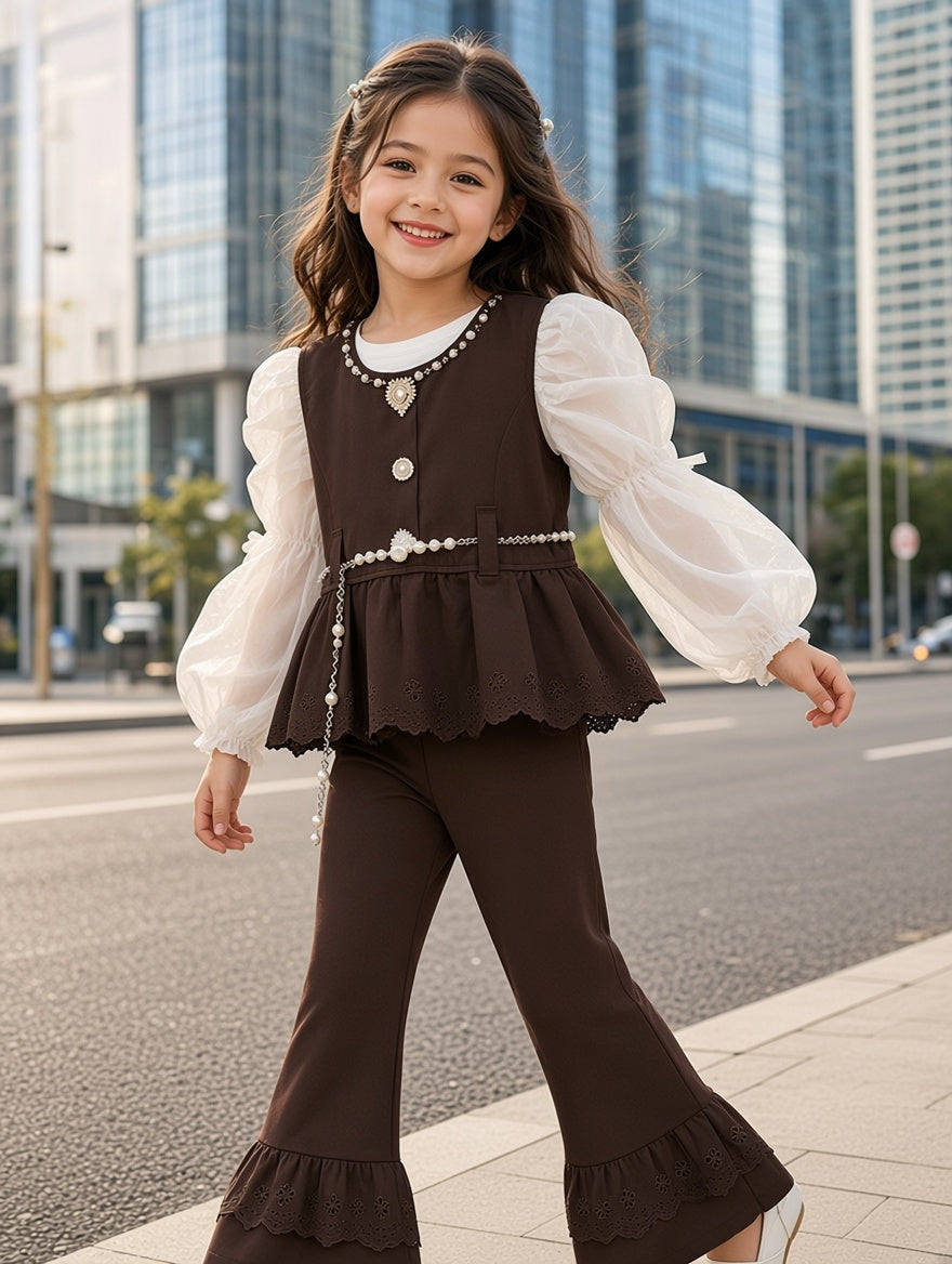 Stylish Kids Three Piece Outfit Set With Peplum Top And Bell Bottom Trousers