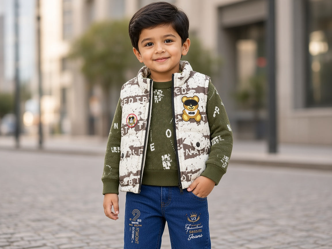 Stylish Kids Three Piece Checkerboard Vest Sweater And Denim Set