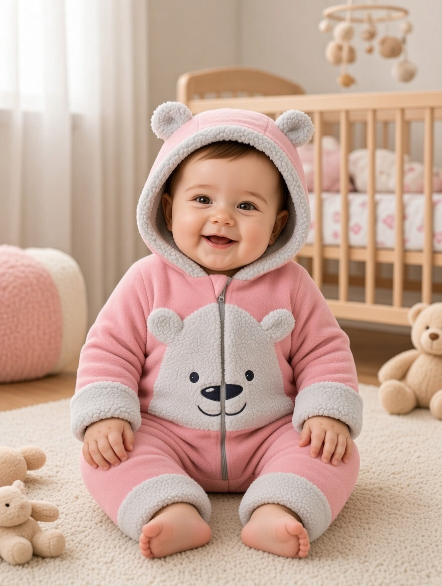 Baby Fleece Hooded Romper With Cute Bear Face Design And Sherpa Trim