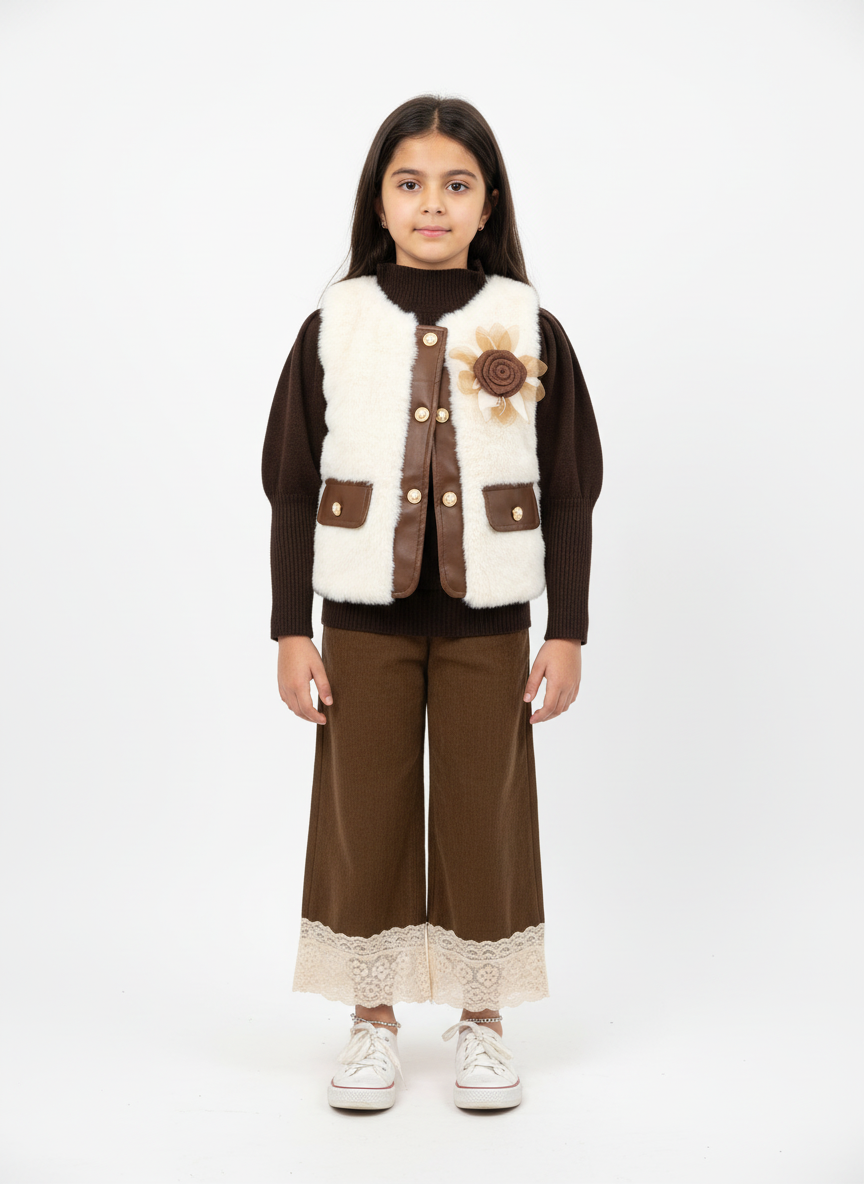 Girls’ 3-Piece Winter Set — Knit Top, Faux-Fur Vest & Corduroy Pants (2–6 Years)