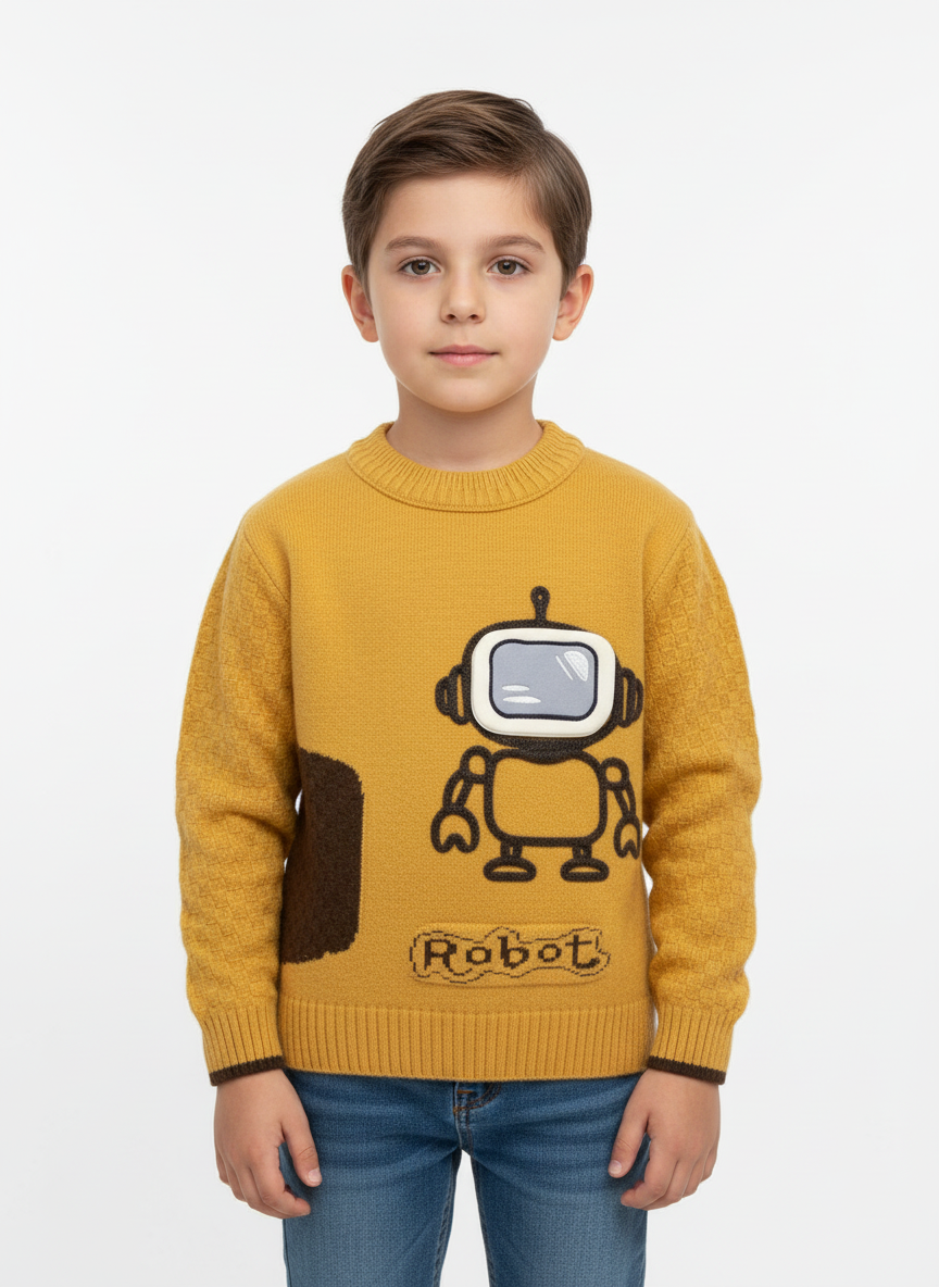 Kids Robot Winter Sweater – Soft Wool Blend | Sizes 1–4 Years | Olive, Yellow & Cream