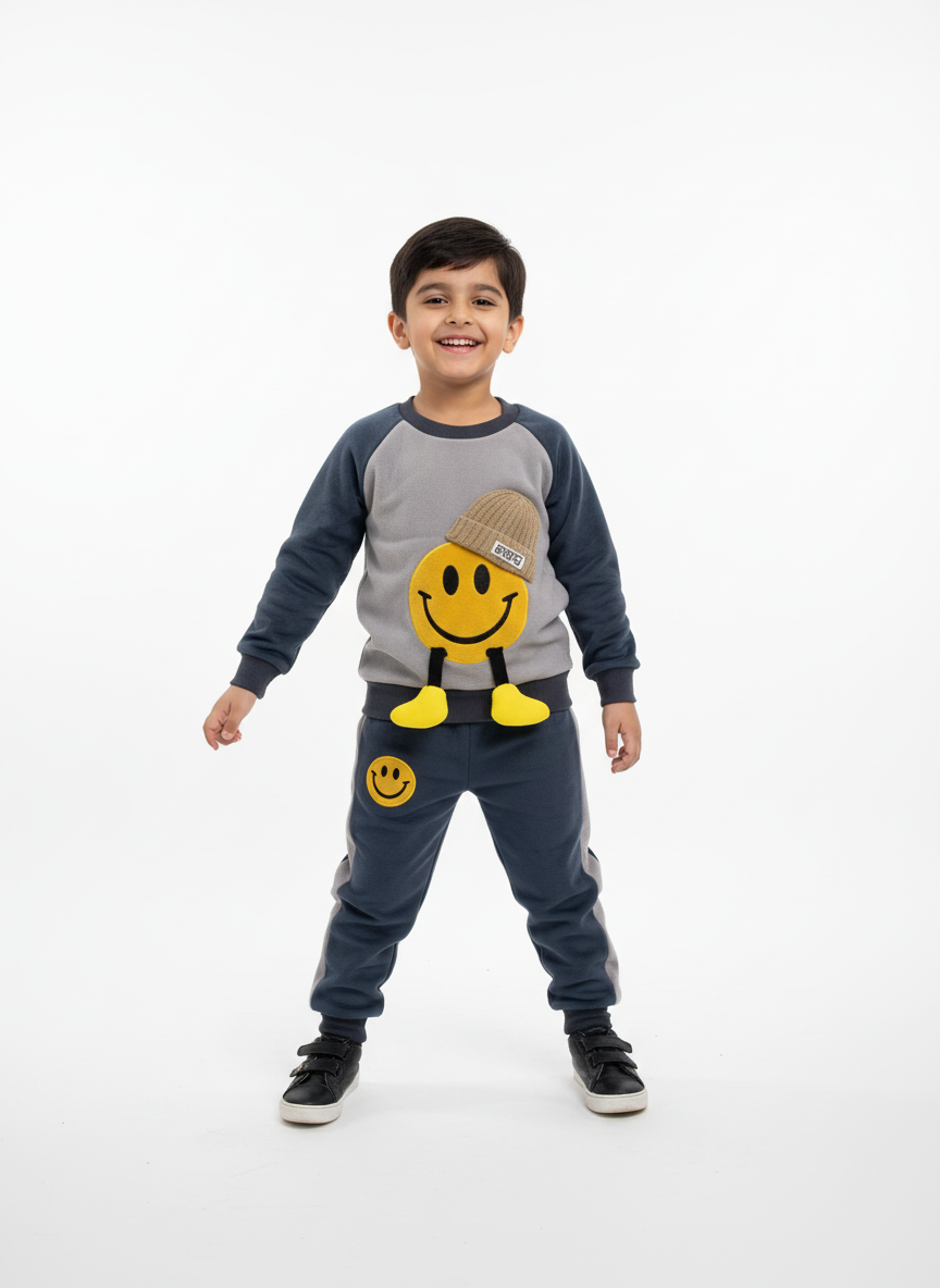 Premium Smiley Fleece Tracksuit – 3 Colours | Light Brown, Black & Grey | Size 1–3 Years