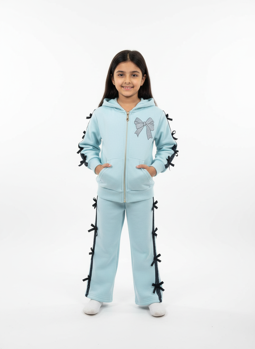 Girls Bow Ribbon Tracksuit – Light Blue & Light Green | Stylish Winter 2-Piece Set | Sizes 4–14 Years