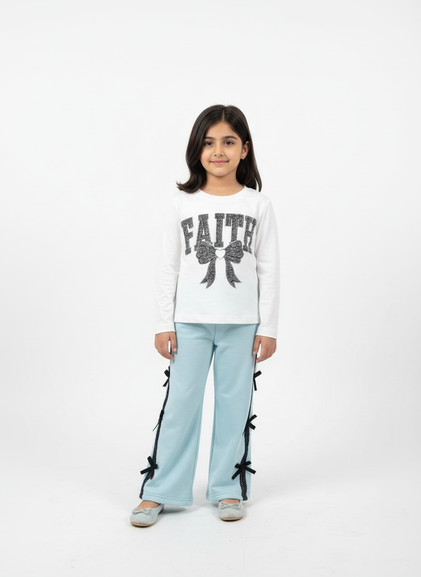 Girls Bow Ribbon Tracksuit – Light Blue & Light Green | Stylish Winter 2-Piece Set | Sizes 4–14 Years