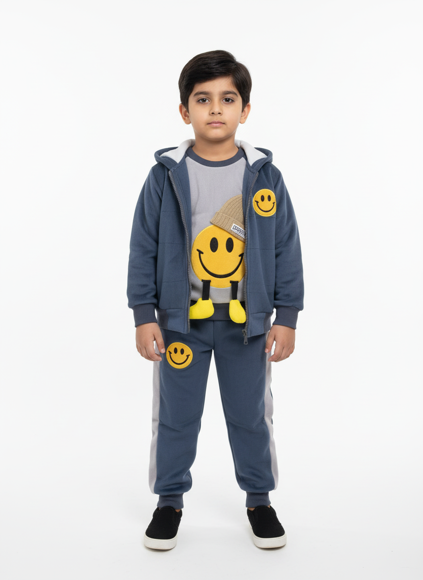 Premium Smiley Fleece Tracksuit – 3 Colours | Light Brown, Black & Grey | Size 1–3 Years