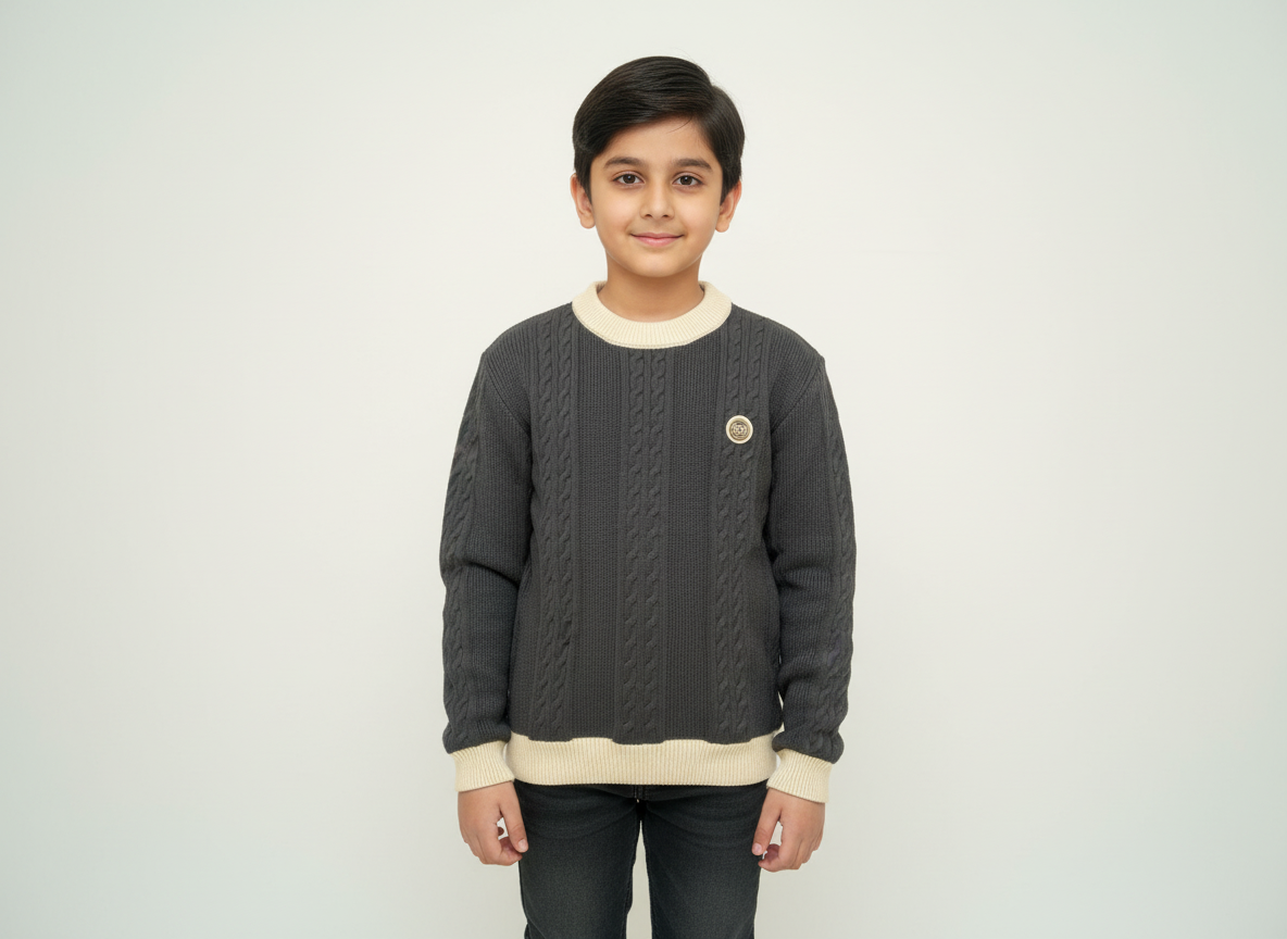 Premium Wool Sweater for Baby Boys (3–8 Years) – Black & Cream