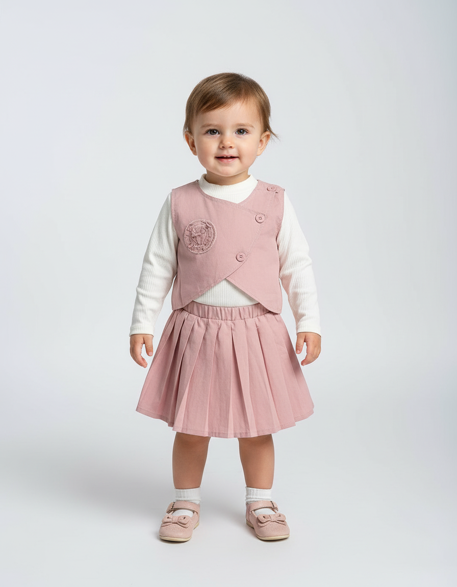 Elegant Toddler Girls’ Three-Piece Dusky Pink Wrap Vest, Pleated Skirt, and Ribbed White Inner.