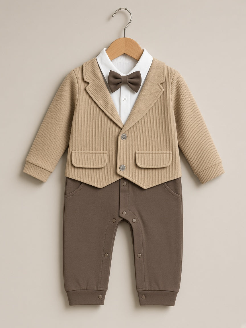 Stylish Baby Boys Faux Vest Romper With Bow Tie Formal Outfit Set