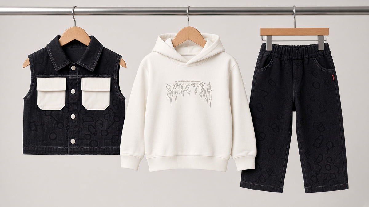 Kids 3 Piece Outfit Set With Stylish Graphic Hoodie Denim Vest And Matching Pants
