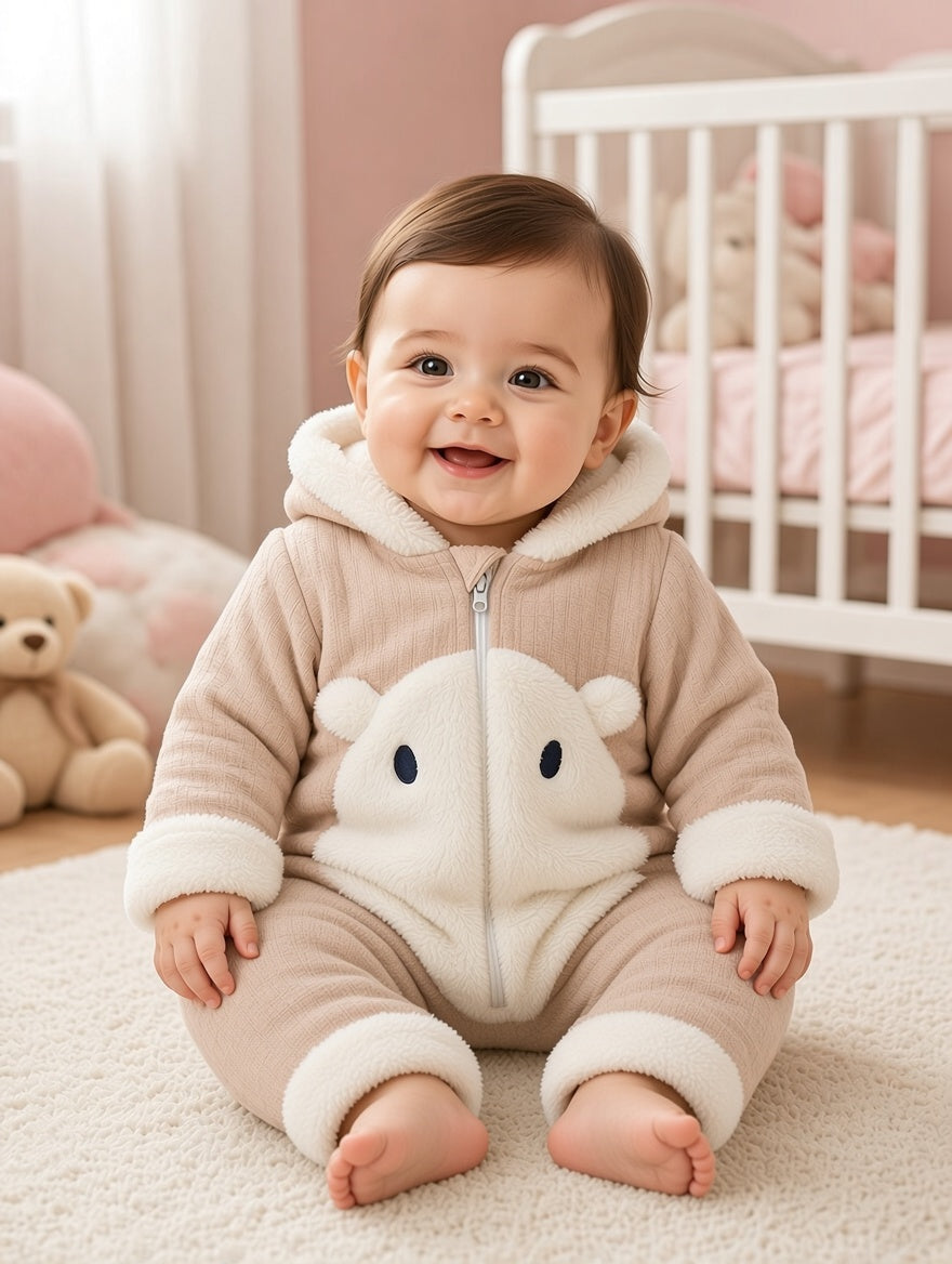 Baby Hooded Sherpa Romper With Cute Bear Panel And Front Zipper