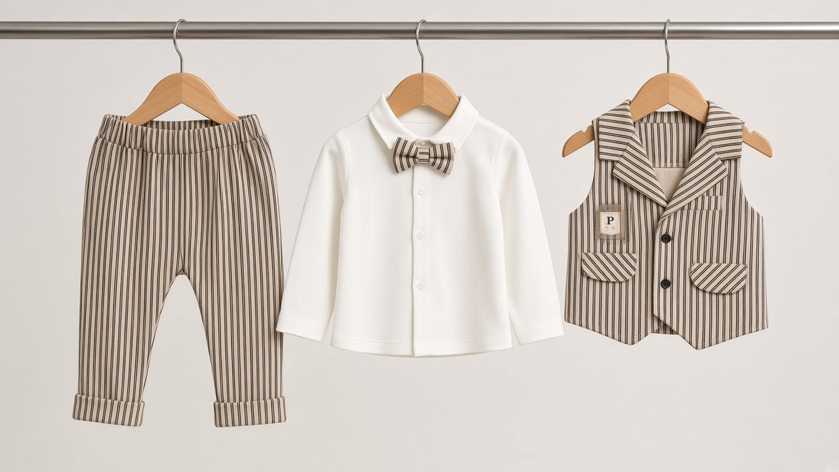 Stylish Kids Three Piece Striped Vest Shirt And Trouser Formal Outfit Set