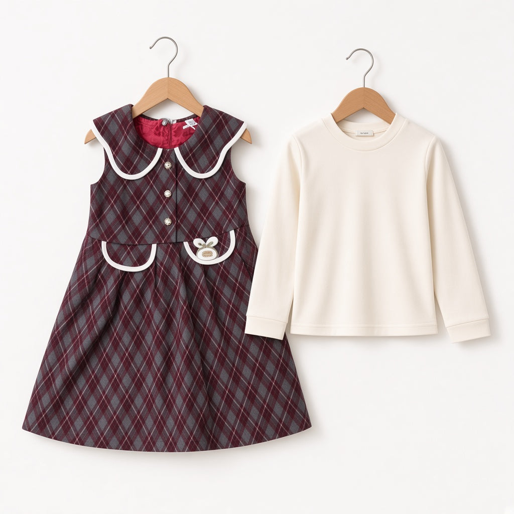Girls Winter Plaid Sleeveless Frock Dress Set With Cream Inner Long Sleeve Shirt