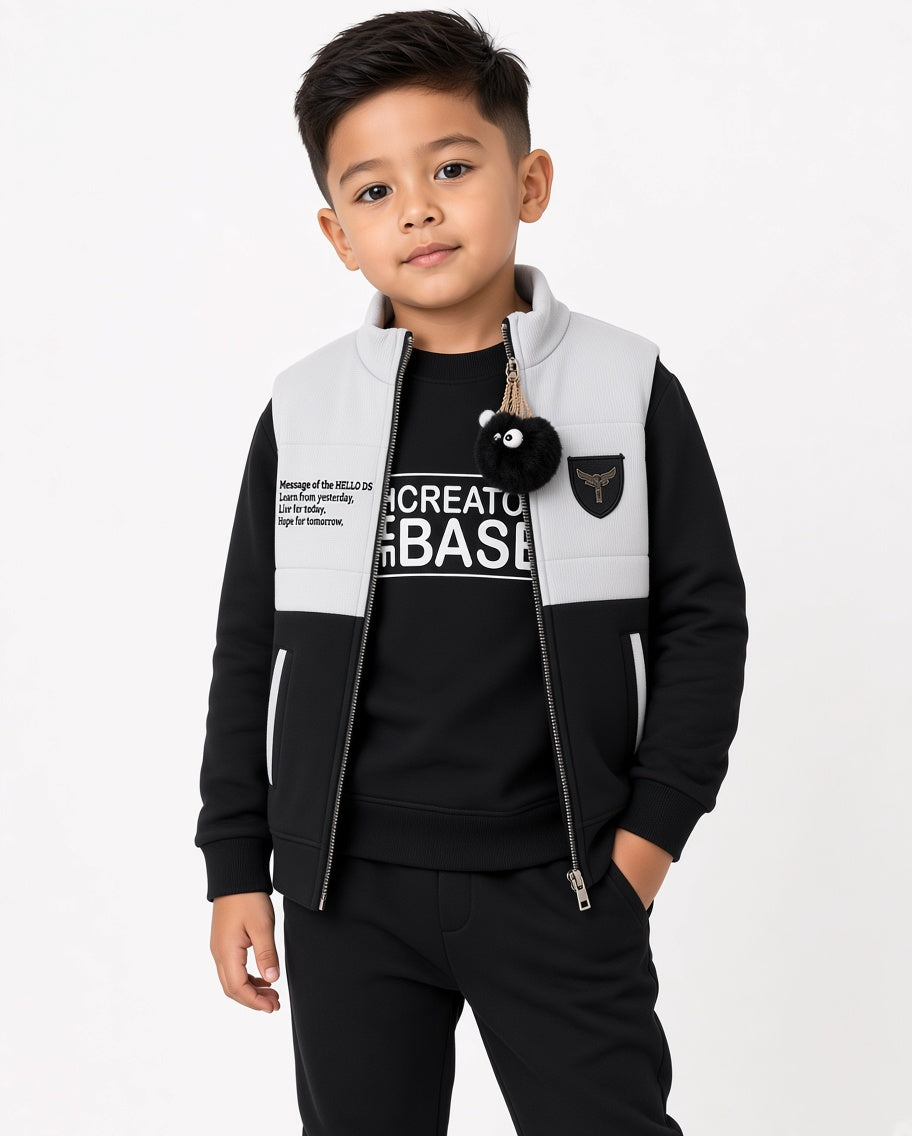 Kids Winter 3-Piece Sleeveless Vest Jacket Sweatshirt And Joggers Tracksuit Set