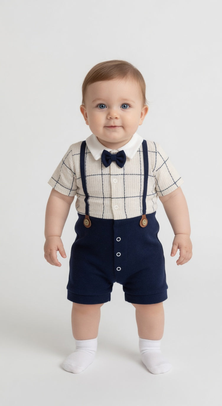 Baby Boy Beige Plaid Romper Suit With Cute Faux Suspenders And Bow Tie