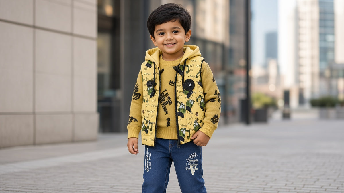 Stylish Kids Three Piece Checkerboard Vest Sweater And Denim Set