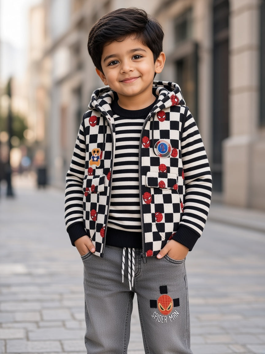 Stylish Kids Three Piece Checkerboard Vest Sweater And Denim Set
