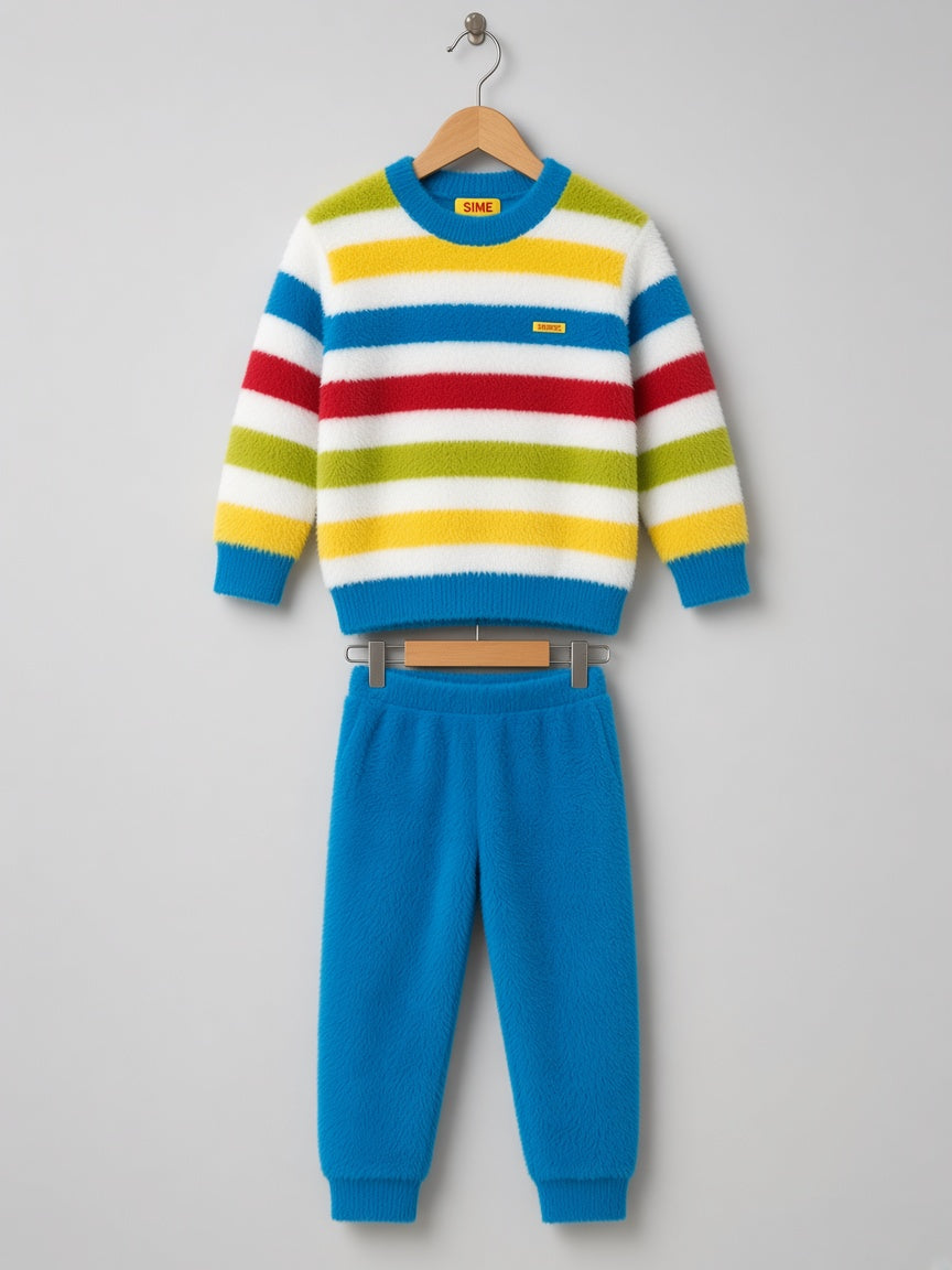 Stylish Kids Two Piece Striped Fuzzy Sweater And Jogger Set