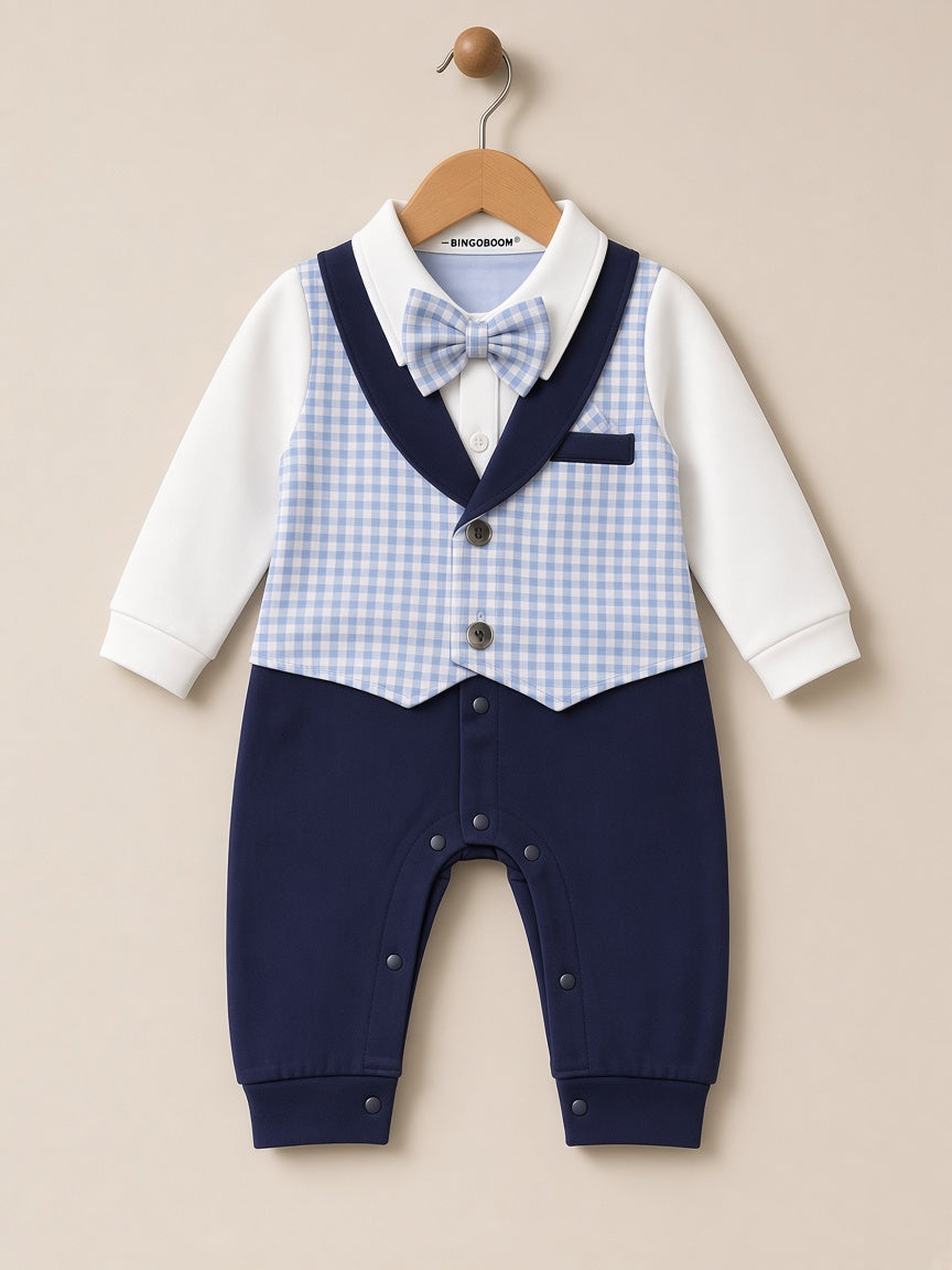 Stylish Baby Boys Check Vest Romper With Bow Tie Formal Outfit Set