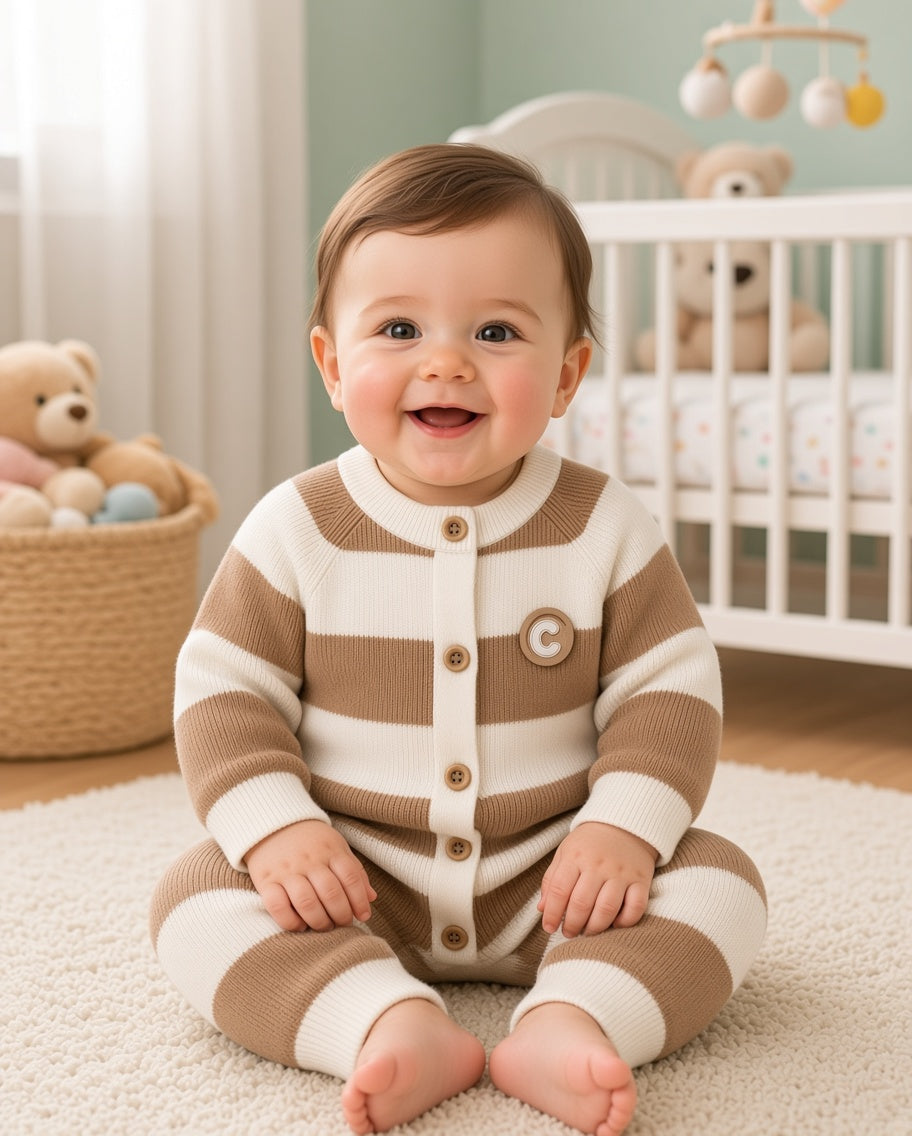 Baby Winter Striped Knit Romper Jumpsuit With Wooden Buttons And Chest Patch