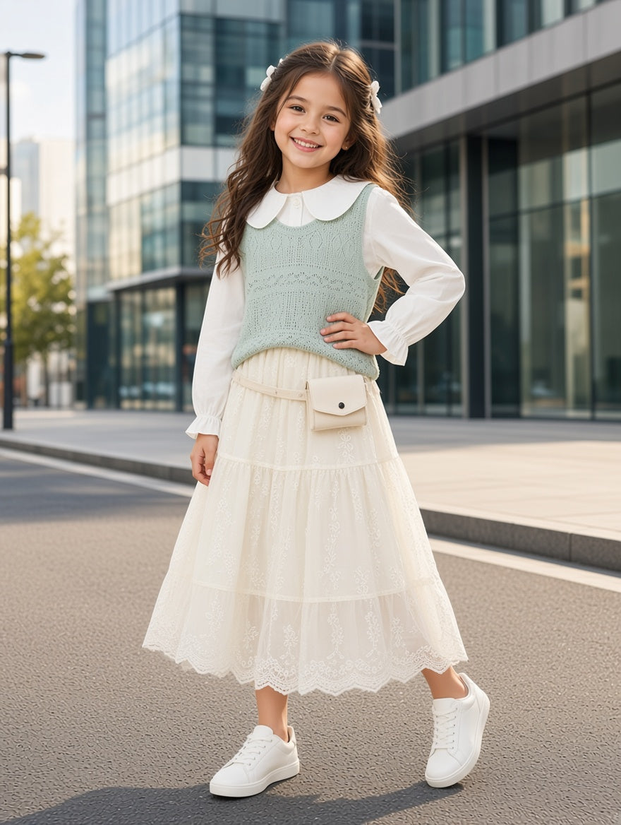Stylish Kids Three Piece Outfit Set With Collar Shirt And Lace Skirt