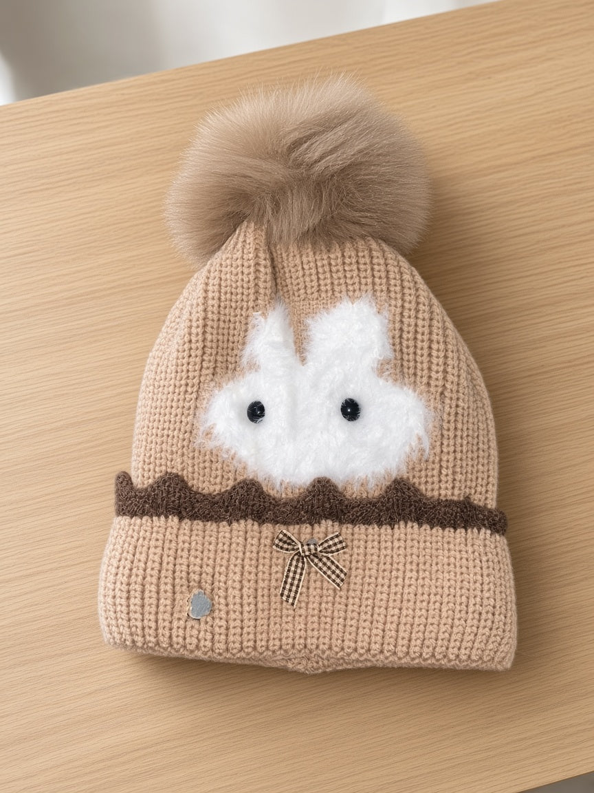 Kids Winter Knit Pom Pom Beanie Hat With Fluffy Bunny Applique And Bow
