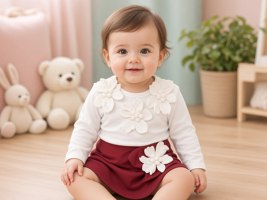 Stylish White Top With Floral Applique And Matching Pink Skirt Set For Cute Little Girls