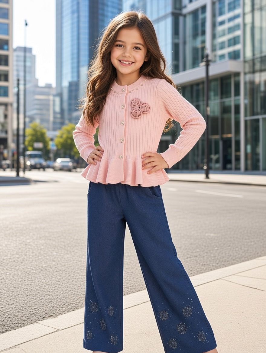 Stylish Kids Two Piece Outfit Set With Beaded Collar Knitted Sweater And Pent