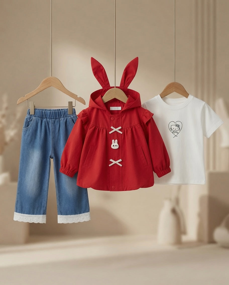 Cute Rabbit Ear Hooded Jacket Three Piece Kids Clothing Set for Stylish Girls