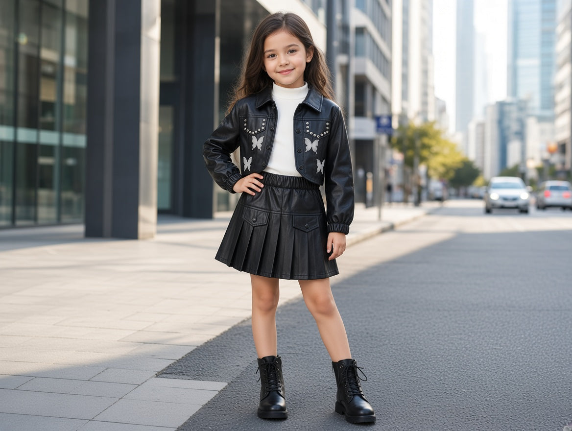 Stylish Kids Three Piece Outfit Set With Butterfly Faux Leather Jacket And Skirt