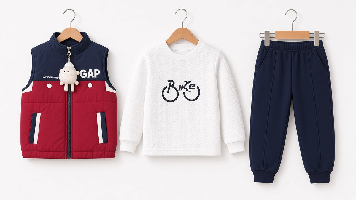 Kids Winter 3-Piece Sleeveless Puffer Vest Set With Bike Graphic Shirt And Joggers