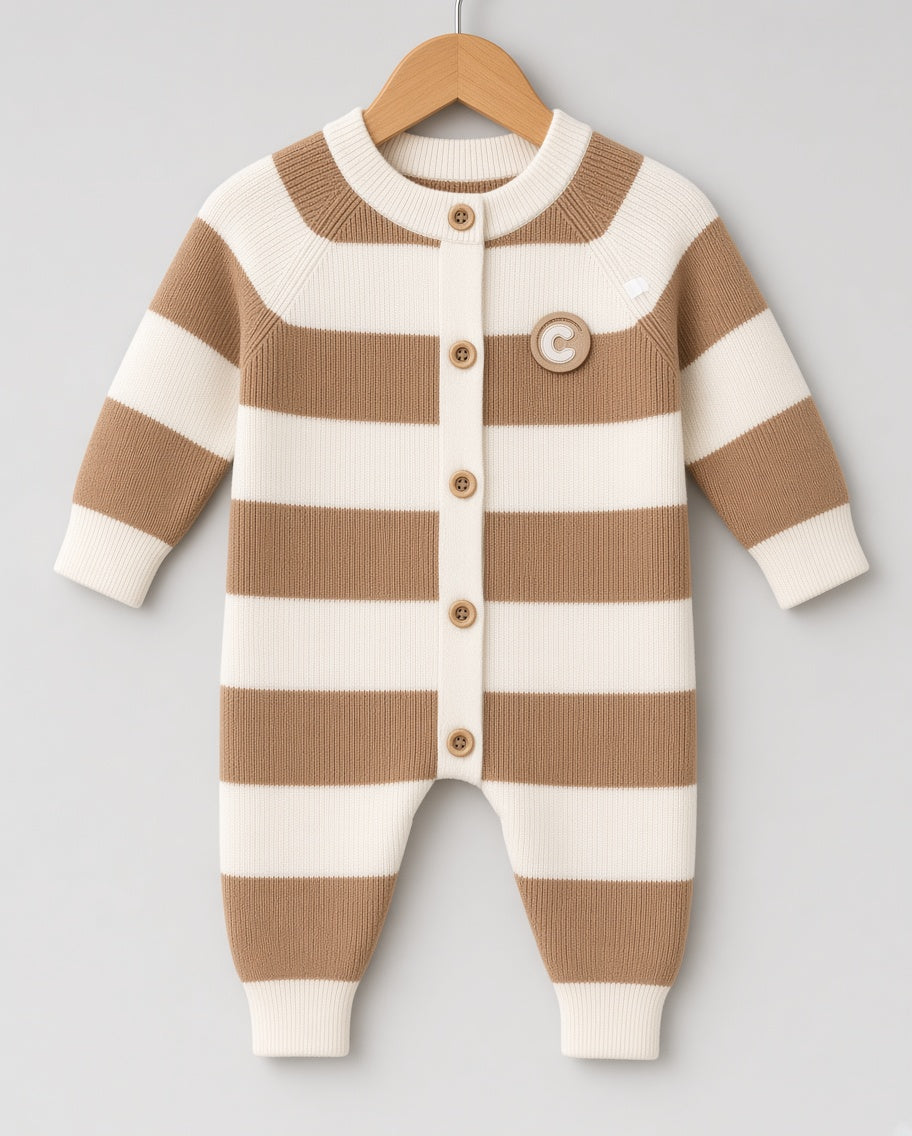 Baby Winter Striped Knit Romper Jumpsuit With Wooden Buttons And Chest Patch