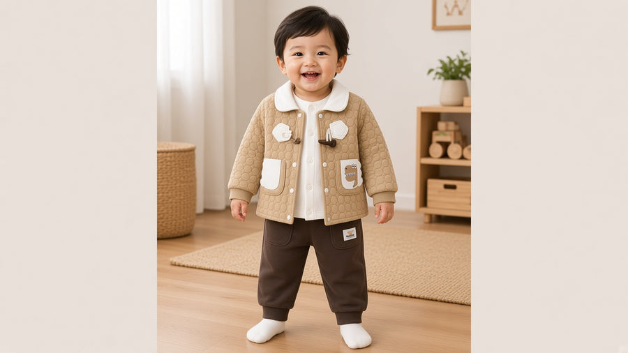 Toddler Winter 3-Piece Quilted Dinosaur Pocket Jacket Cardigan Inner And Trousers Set