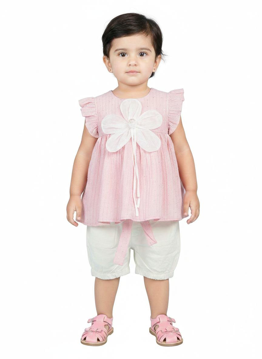 Baby Girls Two Piece Summer Blossom Set Peach Ruffle Tunic Flower Applique Crisp White Shorts