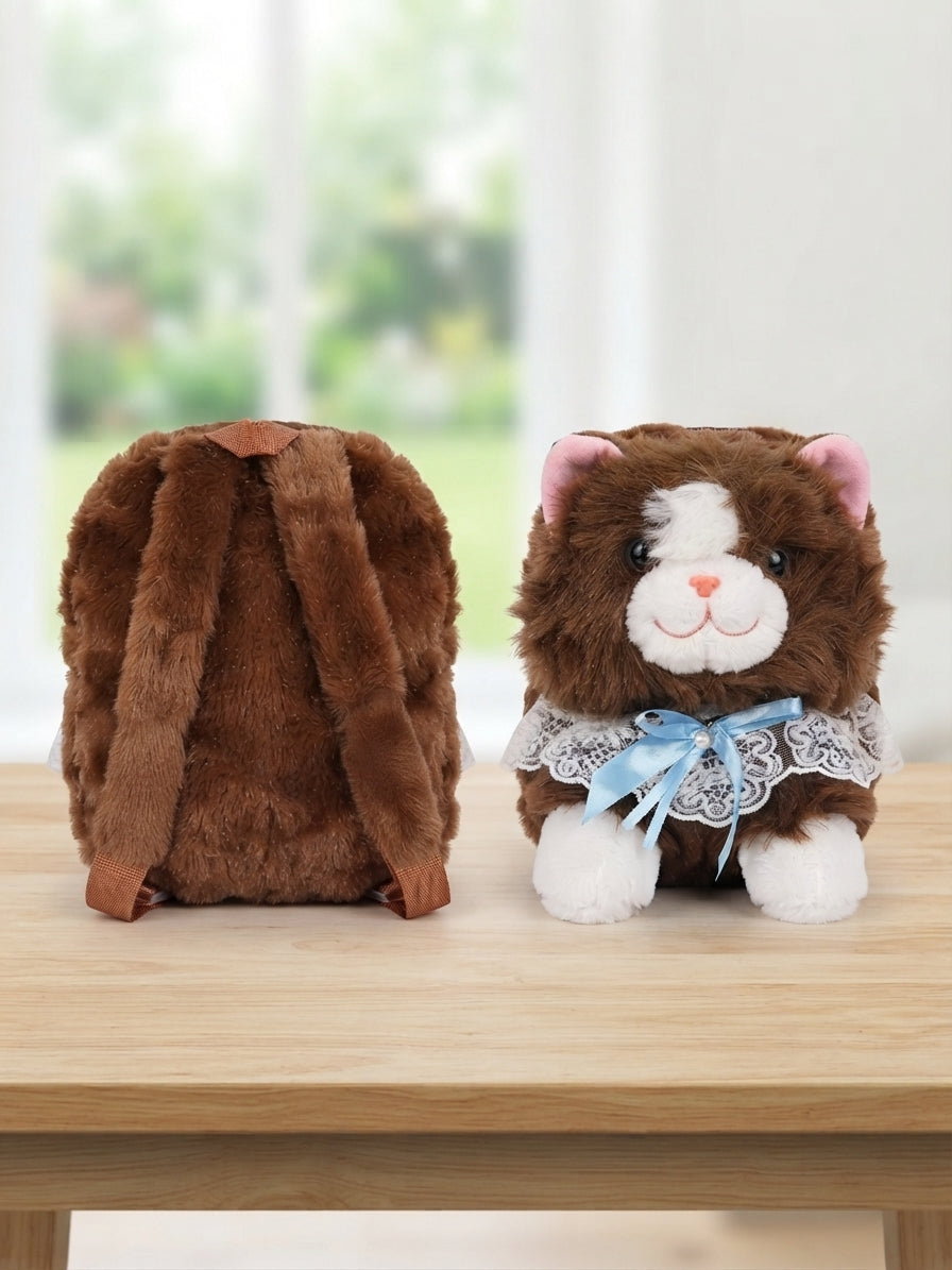 Cute Fluffy Grey Cat Plush Backpack With Soft Fur And Blue Ribbon For Kids