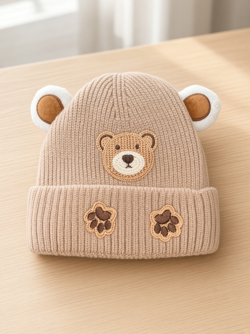 Kids Winter Knit Beanie Hat With Bear Applique Paw Prints And 3D Ears