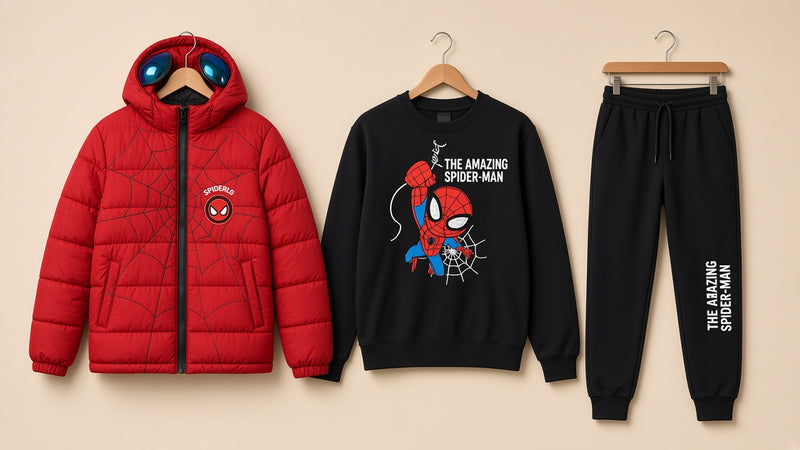 Kids Superhero Character Printed Puffer Jacket Sweatshirt And Trouser 3 Piece Outfit Set