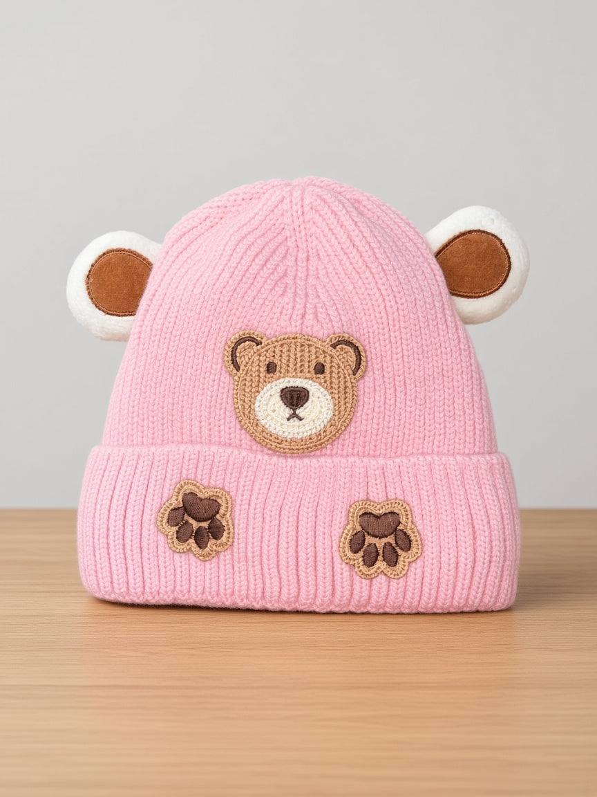 Kids Winter Knit Beanie Hat With Bear Applique Paw Prints And 3D Ears
