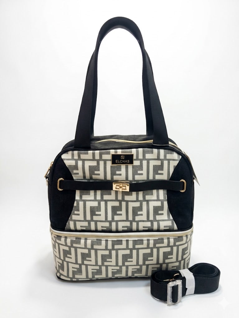 Elegant Cream Patterned Tote Bag with Dual Compartment Design and Gold Butterfly Zipper Details