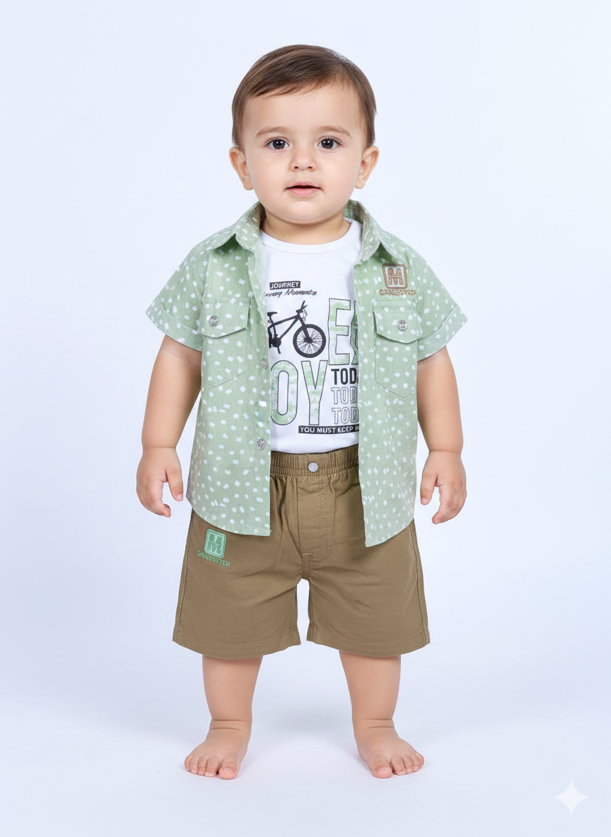 Baby Boys Three Piece Super Hero Adventure Set Circle Print Shirt White Graphic Tee Shorts