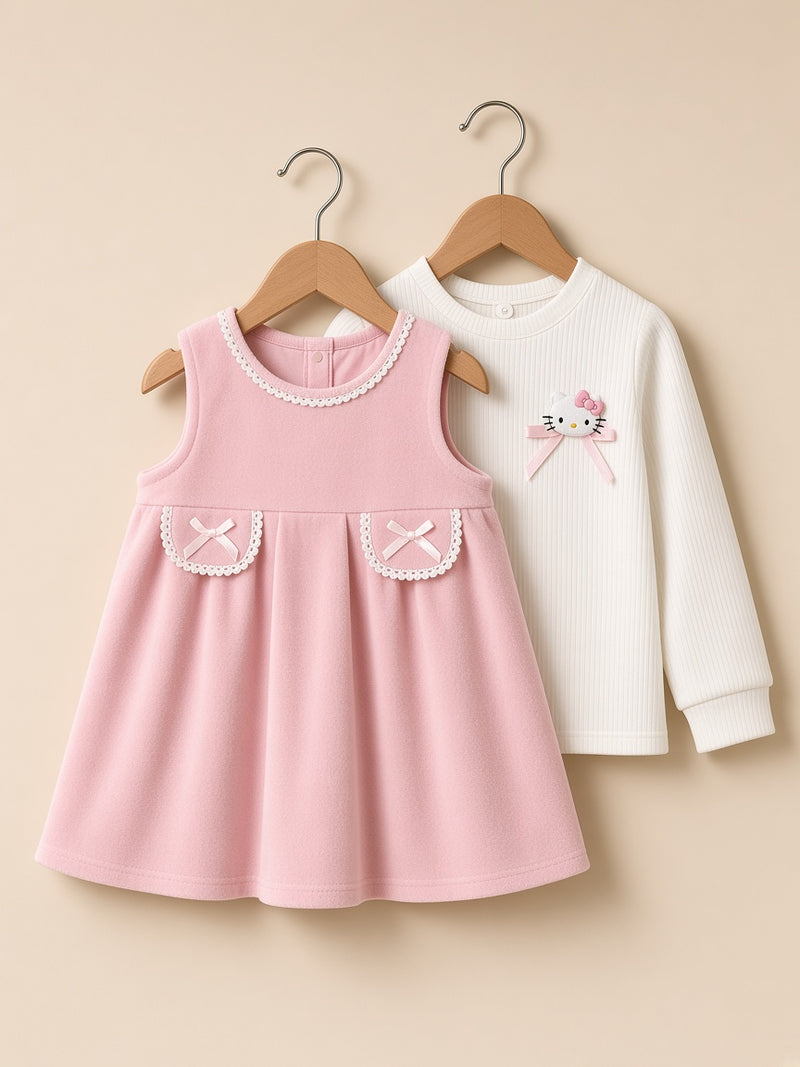 Cute Baby Girls Two Piece Outfit Set With Sleeveless Frock And Matching Shirt