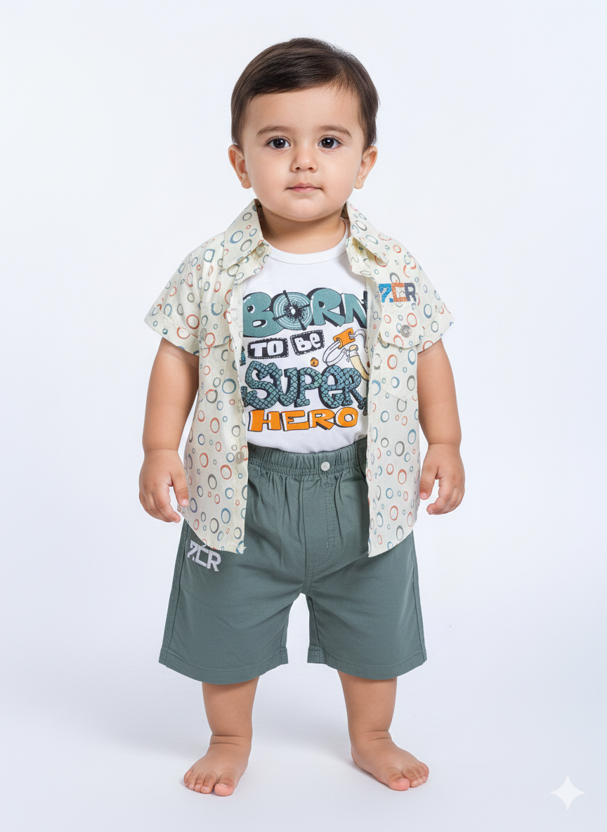 Premium Baby Boys Three Piece Summer Set Superhero Graphic Tee Printed Shirt Mustard Yellow Shorts