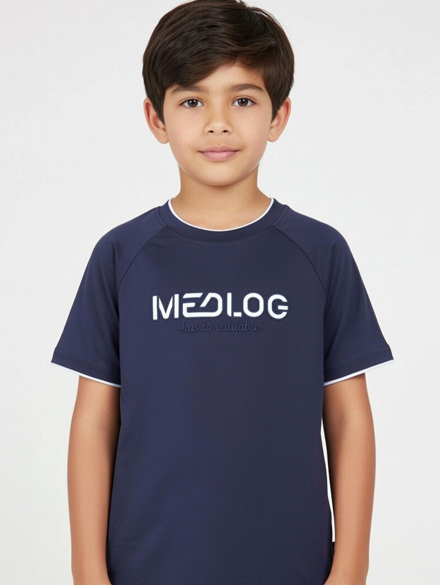 Premium Kids Raglan Tee: Stylish MEDLOG Embossed Cotton T-Shirt for Boys – Multi-Color