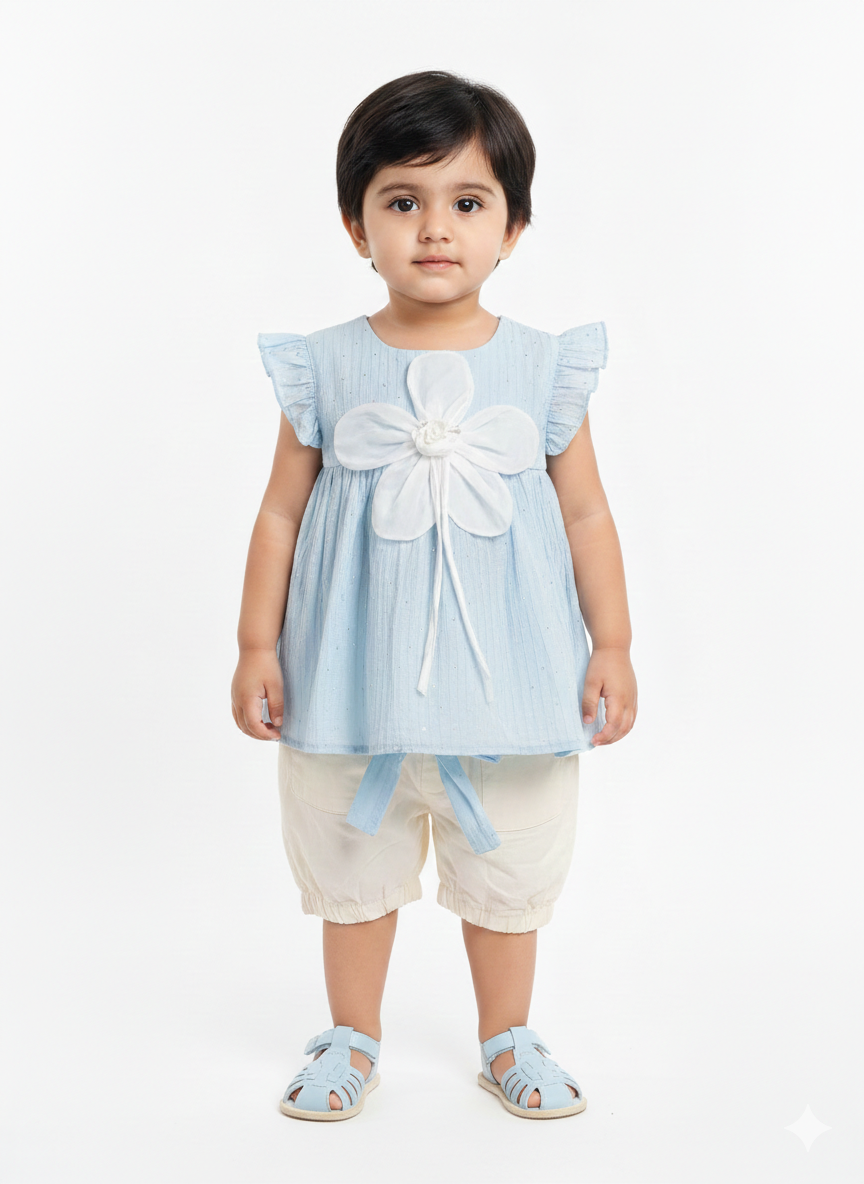 Baby Girls Two Piece Summer Blossom Set Peach Ruffle Tunic Flower Applique Crisp White Shorts