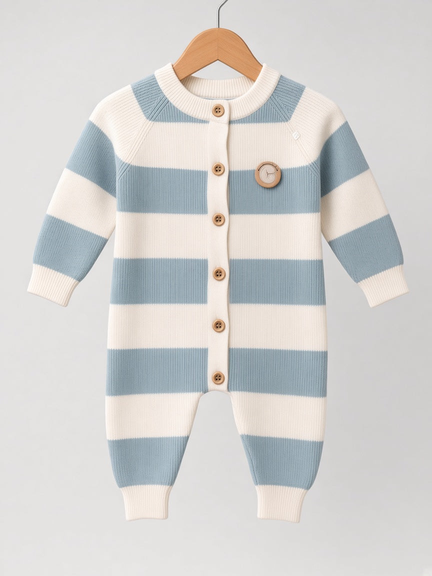 Baby Winter Striped Knit Romper Jumpsuit With Wooden Buttons And Chest Patch