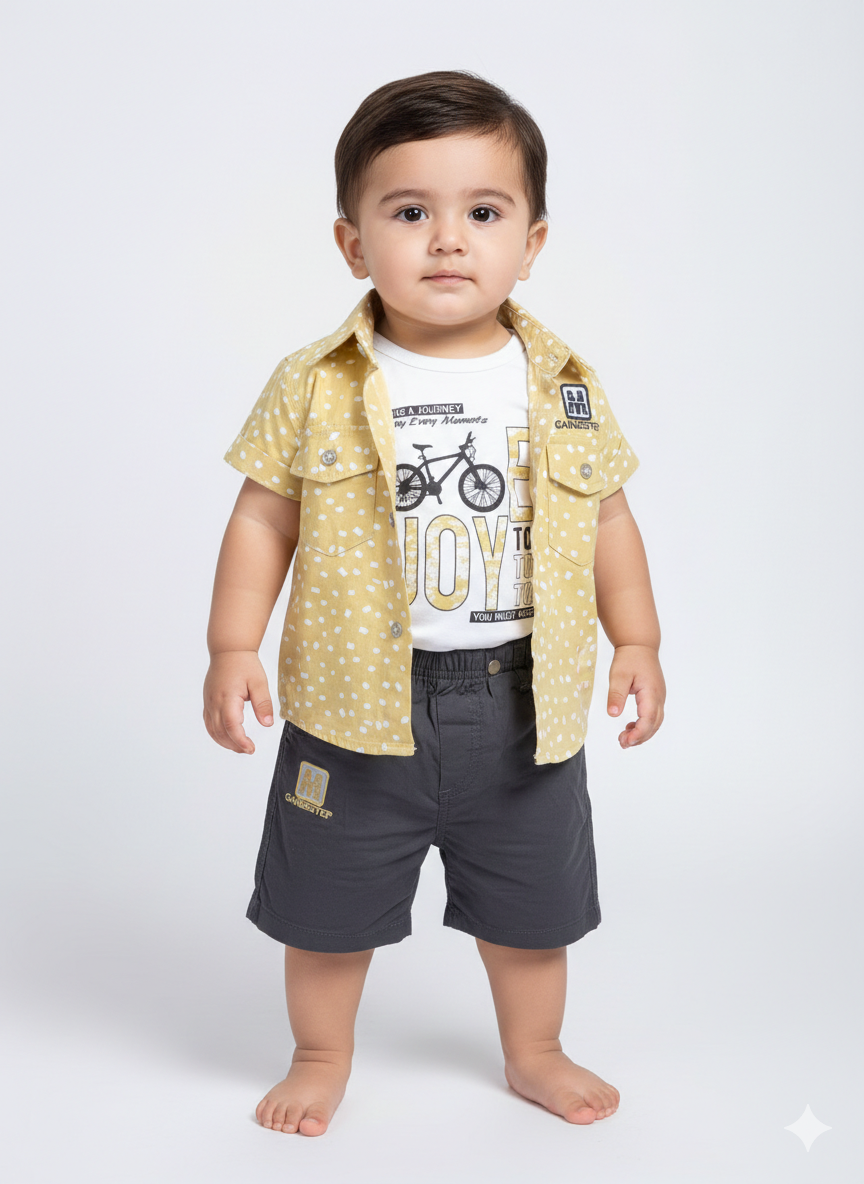 Baby Boys Three Piece Super Hero Adventure Set Circle Print Shirt White Graphic Tee Shorts